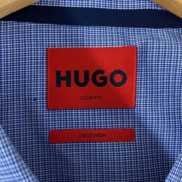 Hugo Boss Shirt Mens 17.5 Slim Fit Blue Easy Iron Dress Shirt Flip Cuff Koey NEW - Picture 3 of 13